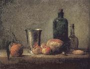 Orange silver apple pears and two glasses of wine bottles Jean Baptiste Simeon Chardin